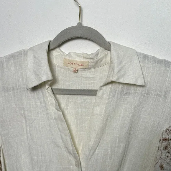 SOLITAIRE White Linen Blend Button Front Dress Embroidered Puff Sleeve Belted - Picture 2 of 9